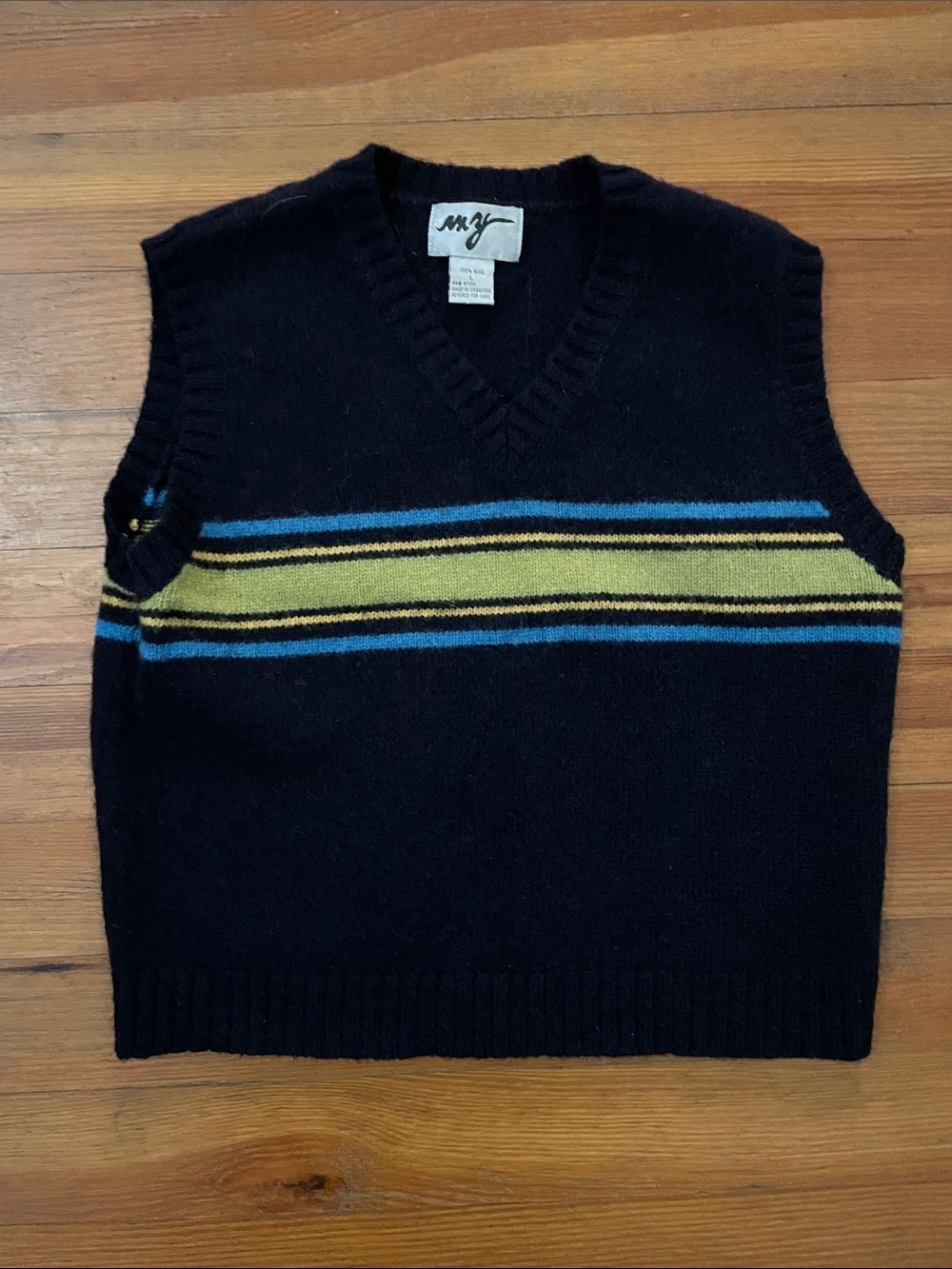 Vintage M.Y. Sportswear Wool Sweater Vest Womens Large Navy Blue Lime Striped - Picture 3 of 10